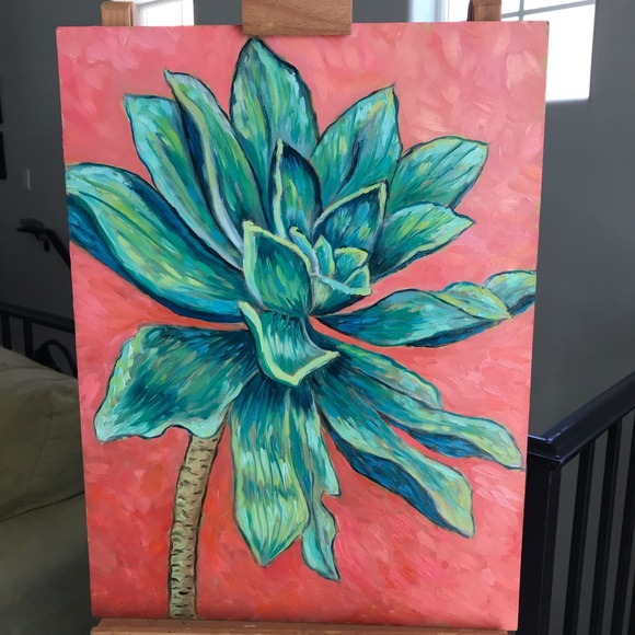 Succulent Botanical Oil Painting in Shades of Green and Coral Size 11” x 14” - Picture 3 of 7